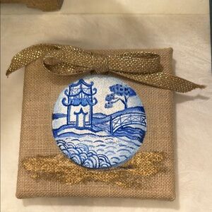 Decorative Burlap Canvas with Blue and Gold Design
